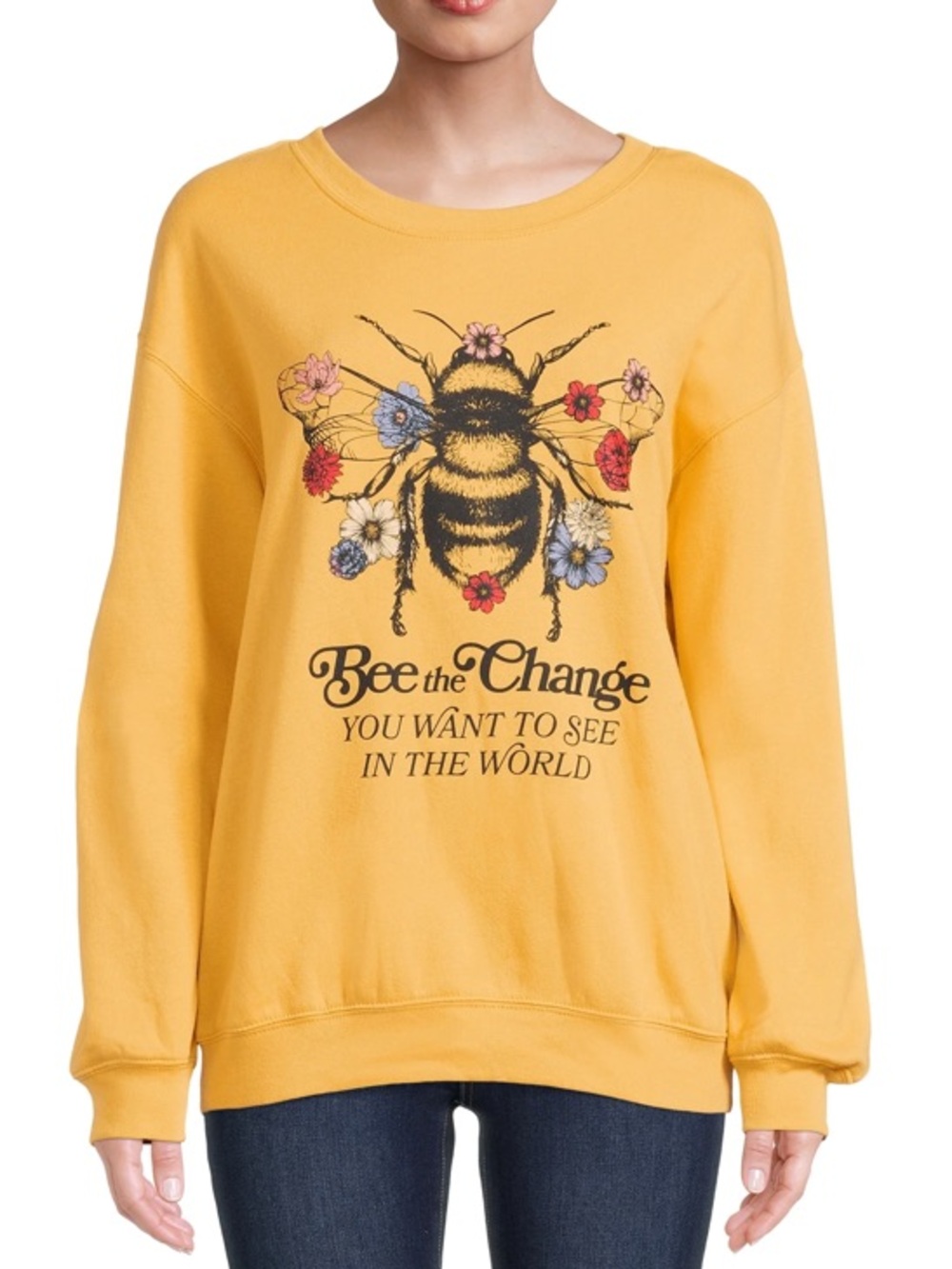 ‘Bee the Change’ Mustard Yellow Graphic Pullover Crewneck Sweatshirt